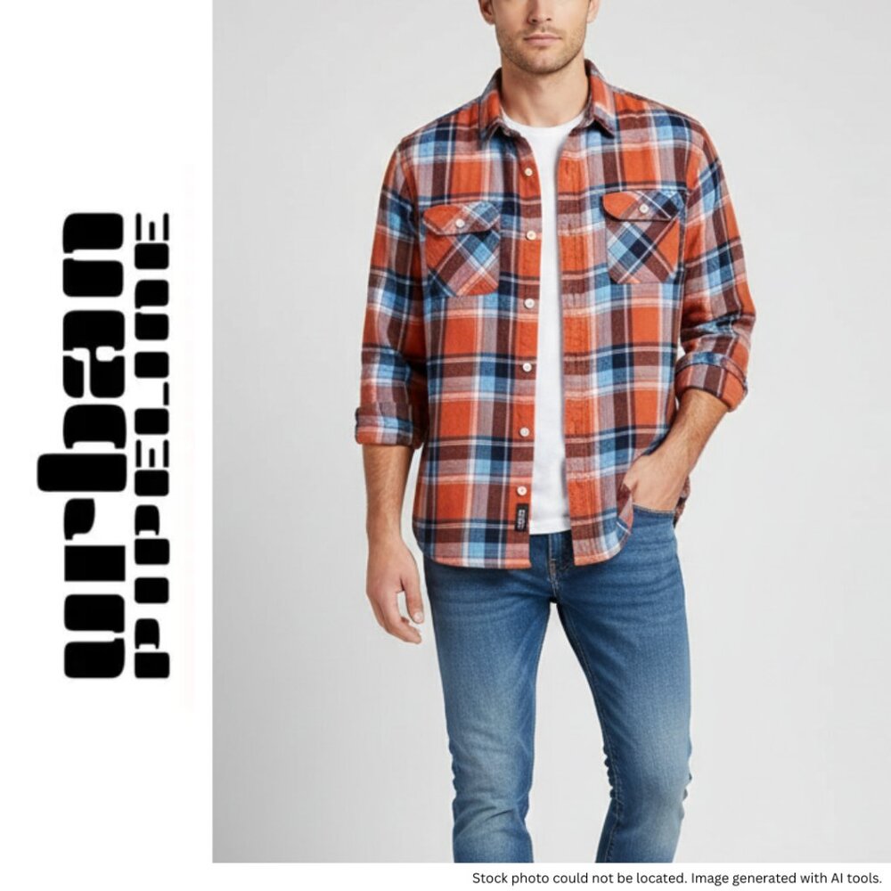 Urban Pipeline Men's Medium Orange Blue Plaid Flannel Shirt Long Sleeve